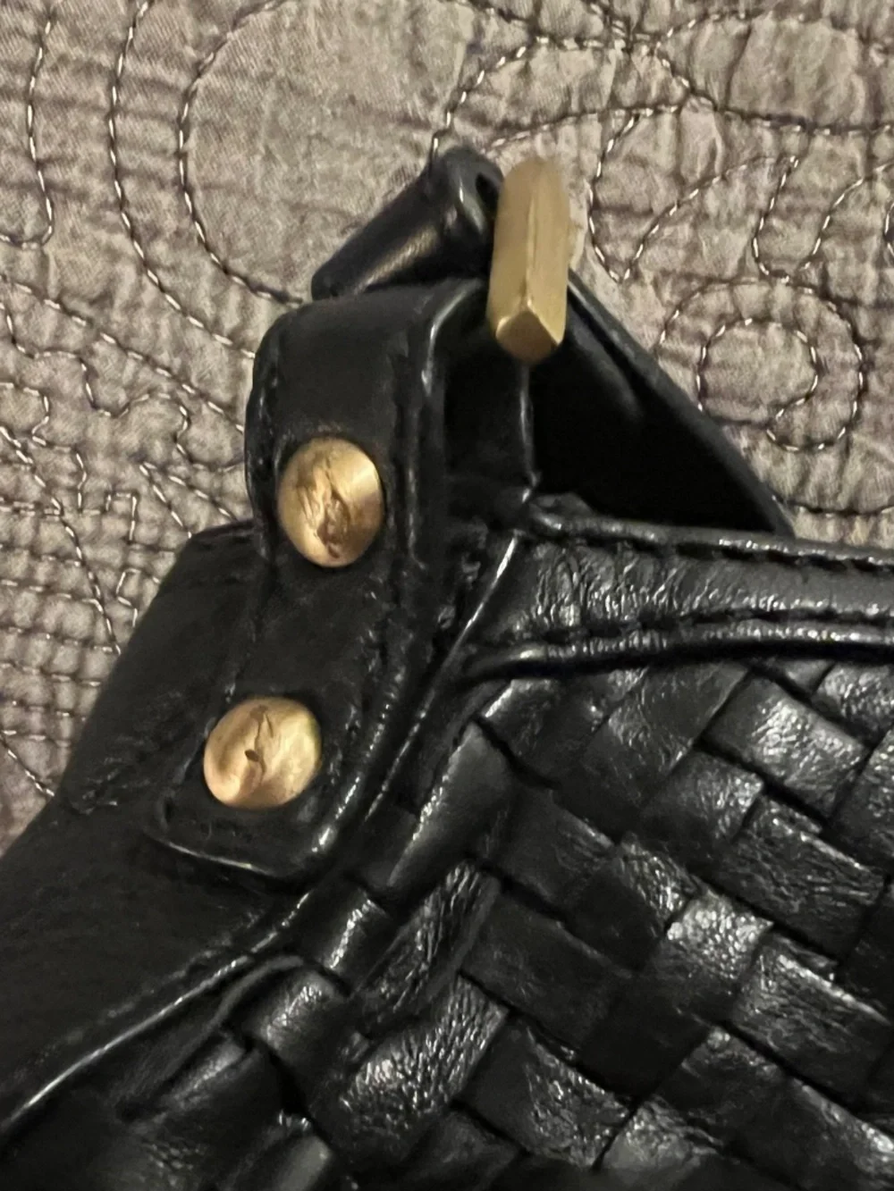 Cole Haan Village Weave Black Pebbled Leather Bag with Antiqued Brassy Trim